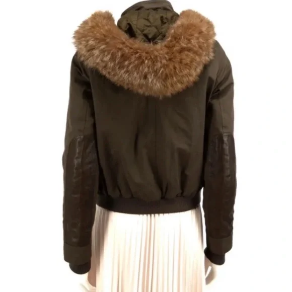 Vince Olive Bomber Jacket with genuine fur hood - Picture 2 of 12